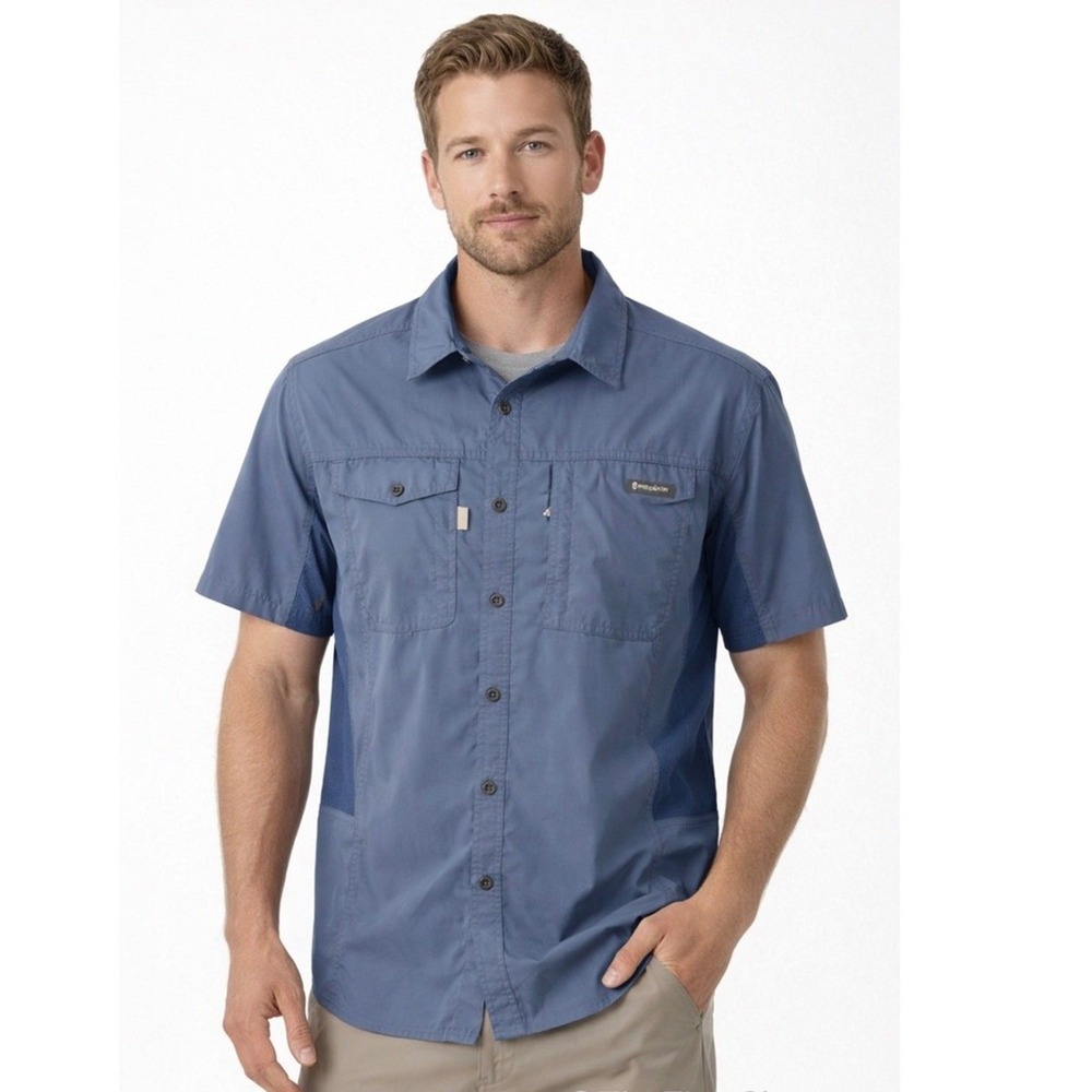 Free Country Shirt Mens Large Blue Short Sleeve Button Up Pocket Collared